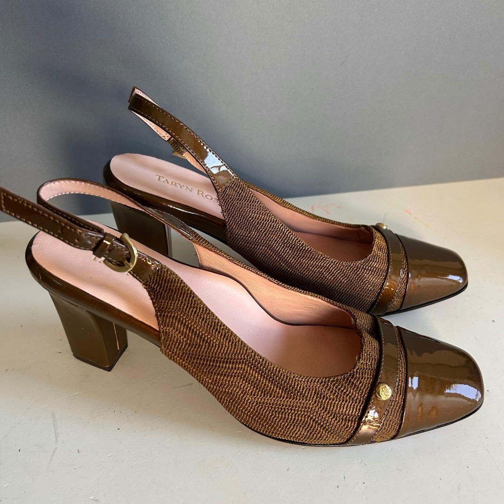Taryn Rose heels size 9 textured Brown Patent Slingback Square Toe Preppy
